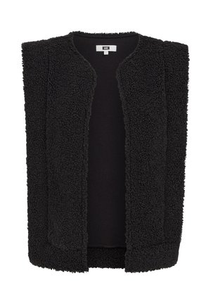 Gilet sans manches noir en matériau texturé et duveteux, avec une ouverture à l'avant et une doublure intérieure lisse, sans attaches ni fermetures.