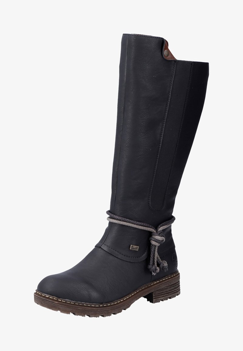 Black leather knee-high boot with a textured finish, elastic side panels, and a decorative cord detail around the ankle. Solid rubber outsole.