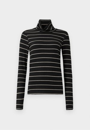 Juodas polo marškinėlių viršus su ilgomis rankovėmis, turintis horizontalias baltas juosteles. Minkšta medžiaga su lygaus tekstūros. Kasdienis dizainas, universalus stilius.