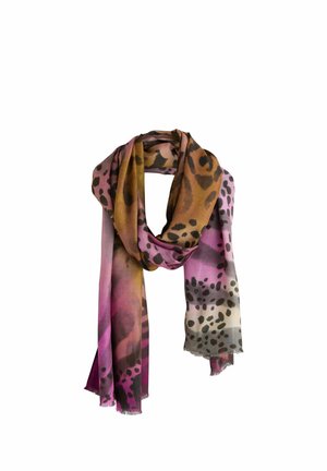 Leopard print scarf in hues of pink, brown, and cream, made of lightweight fabric. Features a soft texture and frayed edges.