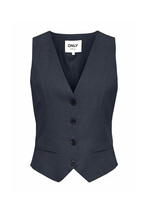Gilet gris foncé sur mesure avec quatre boutons sur le devant, deux petites poches horizontales et un profond col en V, étiqueté ONLY à l'intérieur du col.