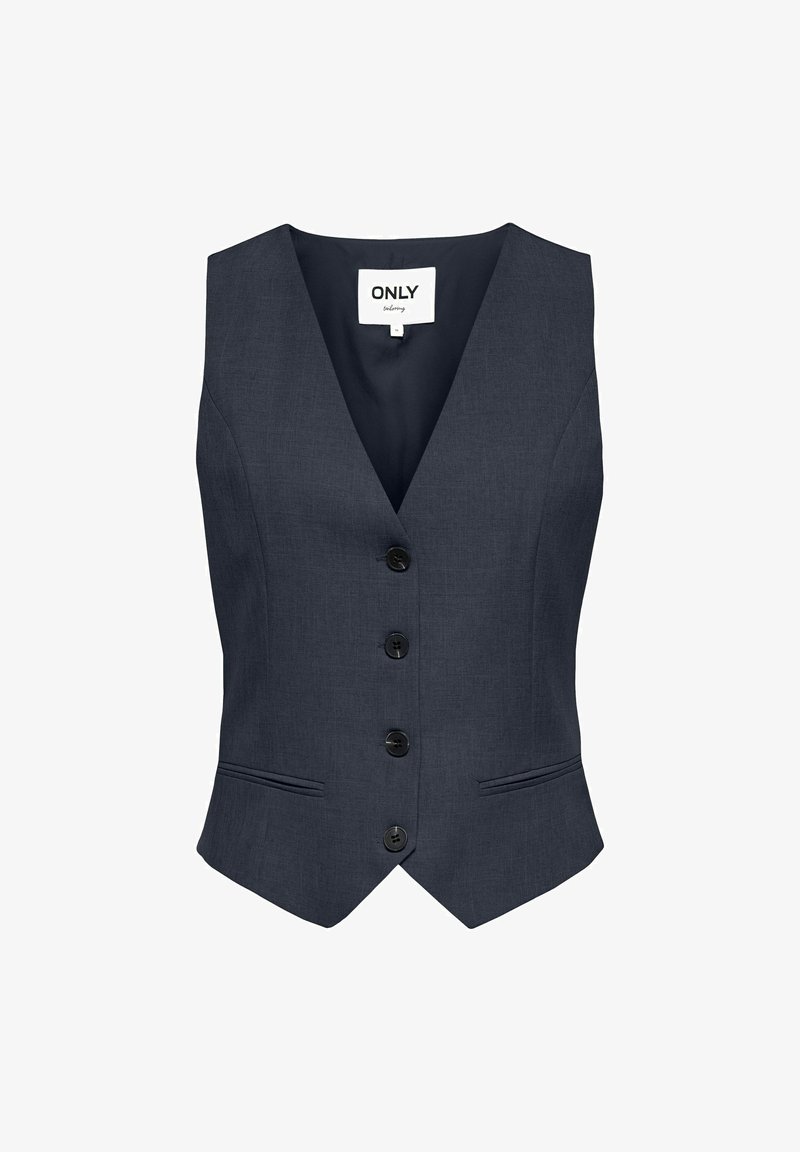 Gilet gris foncé sur mesure avec quatre boutons sur le devant, deux petites poches horizontales et un profond col en V, étiqueté ONLY à l'intérieur du col.
