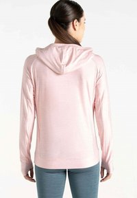 Helle rosa Langarm-Hoodie mit lockerer Passform und Kapuze mit Kordelzügen. Beinhaltet gerippte Bündchen und eine strukturierte Gewebeoberfläche.