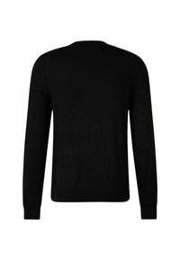 Černý pletený svetr s dlouhými rukávy, kulatým výstřihem a hladkou strukturou. Žádné vzory ani ozdoby nejsou viditelné.