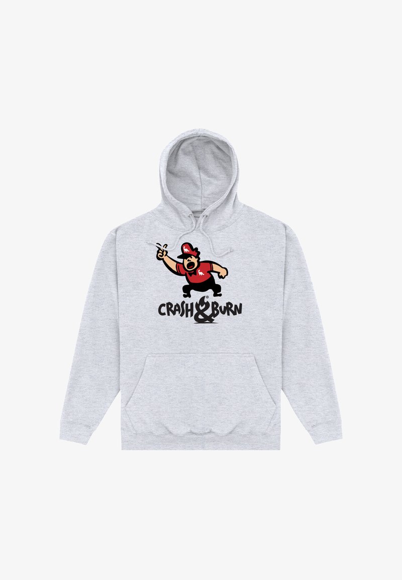 Felpa grigia chiara con tasca frontale, caratterizzata da una figura cartoon in rosso e nero con il testo "CRASH & BURN" sotto la grafica.