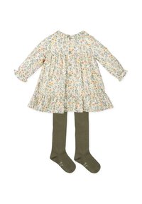 Vestido floral de manga larga en color crema, con flores naranjas, amarillas y moradas, combinado con medias verde oliva. Tejido texturizado.
