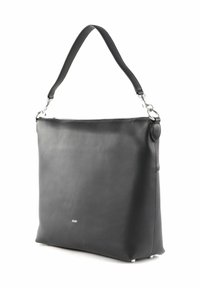 Sac à bandoulière en cuir noir au design plat, avec des accessoires en métal argenté, une bandoulière amovible et un logo discret en bas.