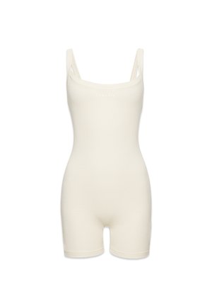 Bavlněný kombinéza ve smetanové barvě s tenkými ramínky, kulatým výstřihem a přiléhavou siluetou, se strukturovaným žebrovaným vzorem.
