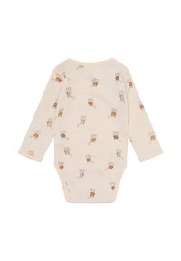 Cremfarbener Baby-Body mit langen Ärmeln, bedruckt mit kleinen Cartoon-Mäusen, die orangefarbene und braune Pullover tragen.