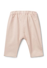 Pantalones de algodón rosa claro con una cinturilla elástica, que presentan un pequeño diseño de conejito en relieve cerca de la cintura y un corte holgado.