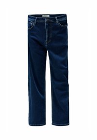 Jeans de mezclilla de color azul oscuro con corte recto, diseño de cinco bolsillos y costuras en contraste. Presenta una cinturilla resistente con cierre de botón.