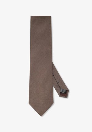Brązowy, teksturowany krawat z wąskim, spiczastym końcem. Tkanina ma delikatny wzór, a odwrotna strona zawiera kontrastowy detal kolorystyczny.