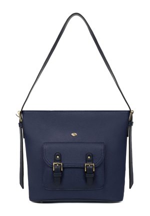 Borsa a tracolla in pelle blu navy con tasca frontale caratterizzata da due fibbie e tracolla regolabile con ferrature color oro.