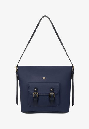 Marineblauwe leren schoudertas met voorvak met twee gespen en verstelbare riem met hardware in goudkleur.