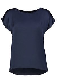 Mørkeblå kortærmet bluse med rund halsudskæring, glat stof og en smule længere bagkant.