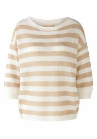 Beige en witte gestreepte gebreide trui met een brede halslijn en 3/4 mouwlengte, met een losse, ontspannen pasvorm en geribde accenten.