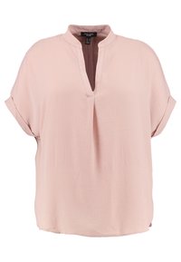 Blusa rosa chiaro con maniche corte, colletto aperto e spacco anteriore. Realizzata in un tessuto leggero e morbido con un taglio comodo.