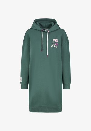 Groene hoodie jurk met een frontafbeelding, voorzien van een trekkoordcapuchon, oversized pasvorm en ribgebreide manchetten. Zacht, textuurstof.