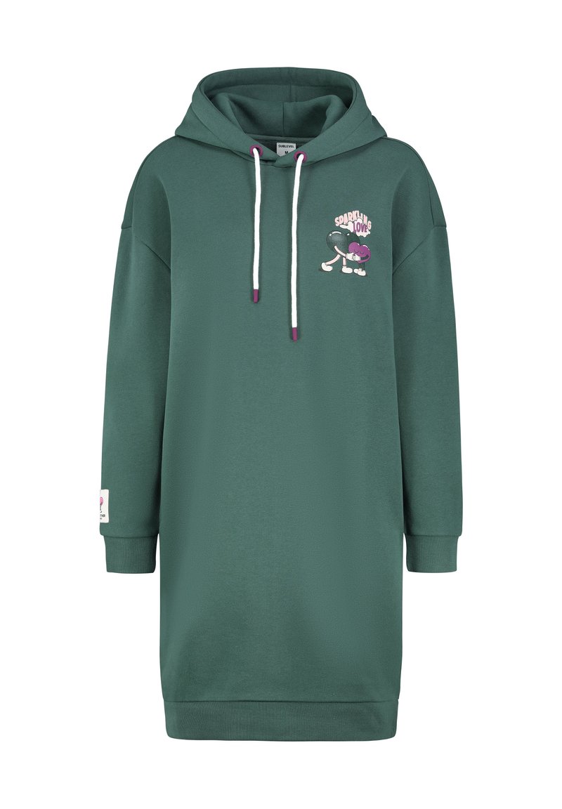Grünes Hoodie-Kleid mit einem Front-Graphic, ausgestattet mit einer Kordelzugkapuze, oversize Passform und gerippten Bündchen. Weicher, strukturierter Stoff.