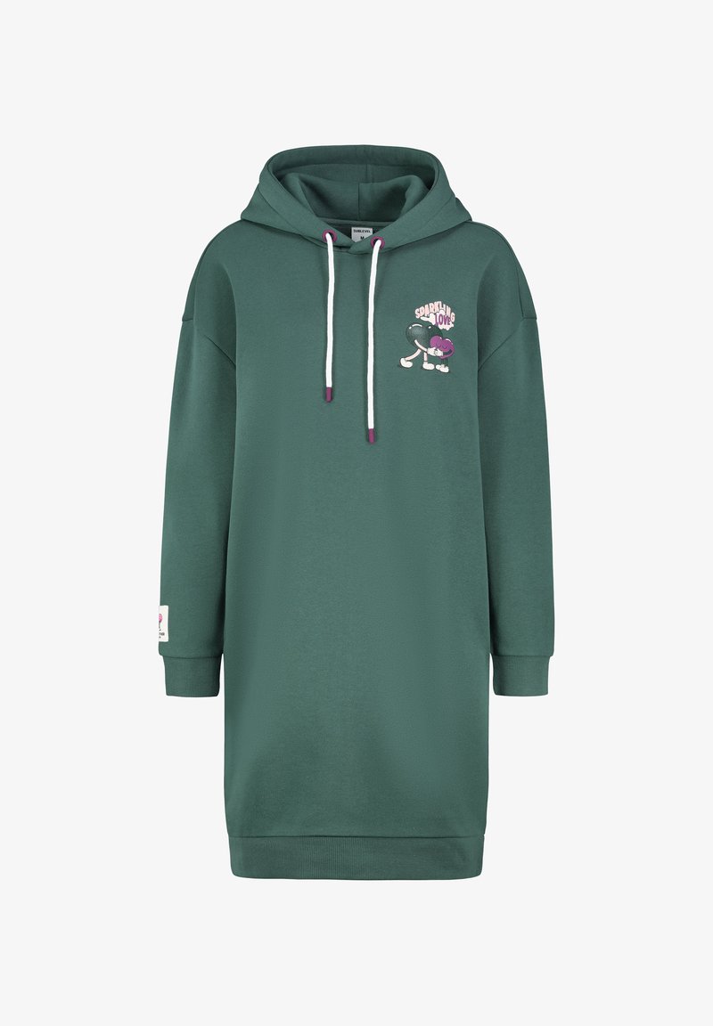 Groene hoodie jurk met een frontafbeelding, voorzien van een trekkoordcapuchon, oversized pasvorm en ribgebreide manchetten. Zacht, textuurstof.
