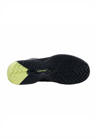 Suela de zapato deportivo negro con patrón de espiga y un acento amarillo en el talón, que presenta el nombre de la marca "HEAD" en blanco.