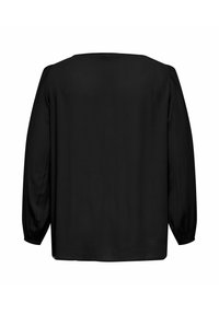 Schwarzes Langarmoberteil mit quadratischem Ausschnitt, plissierten Schultern und elastischen Bündchen. Glatte Textur, lockere Passform, minimalistisches Design.