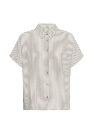 Lühikeste varrukatega triiksärk, millel on beežid ja valged vertikaalsed triibud ning vasakul küljel rinnatasku.