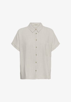 Chemise à manches courtes avec rayures verticales beige et blanches et une poche poitrine sur le côté gauche.