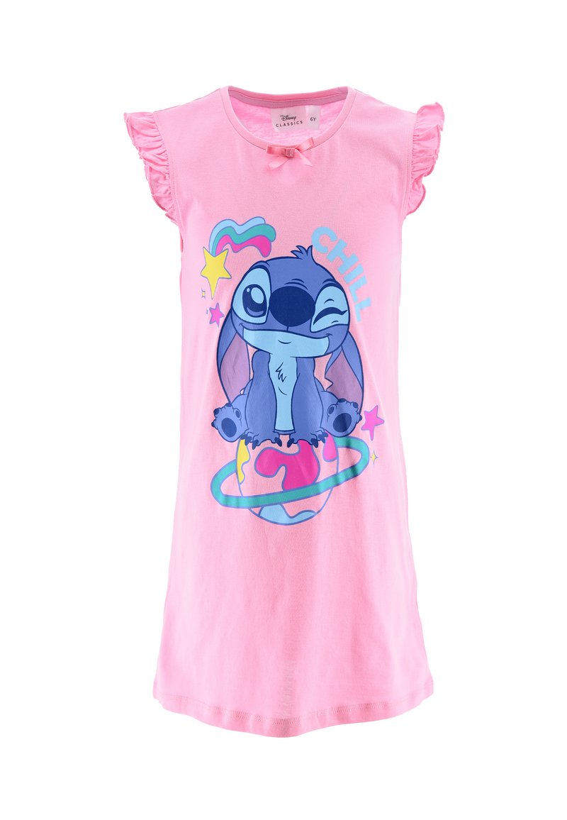 Morbido vestito da notte rosa in cotone con maniche arricciate. Presenta un'immagine di un personaggio dei cartoni animati con la scritta "CHILL" e stelle e forme colorate.
