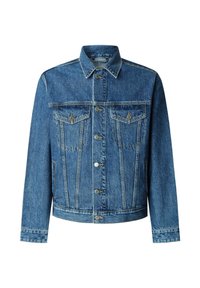 Chaqueta vaquera en azul medio, con dos bolsillos en el pecho, cierre de botones, cuello puntiagudo y detalles de costuras en contraste.