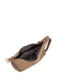 Borsa a mano in pelle beige con apertura a zip, dotata di un ampio interno suddiviso in scomparti e una tracolla piatta.