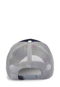 Baseball cap with a navy front and gray mesh back, featuring a white button on top and a snapback closure. Textured mesh for breathability.