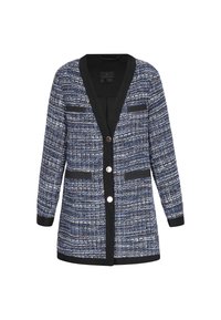Cardigan texturizzato blu e bianco con colletto sciallato nero, dettagli neri sulle tasche e tre bottoni d'argento sul davanti.