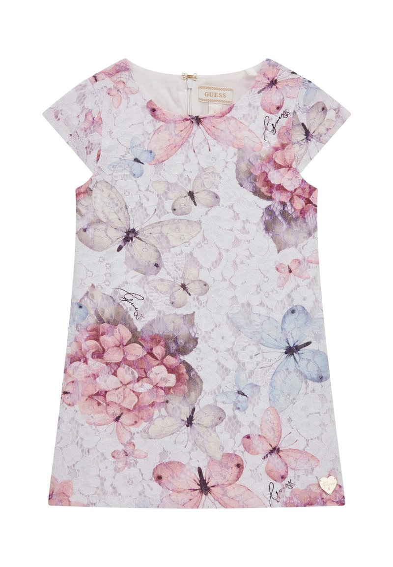 Bloemdress met een vlinder- en hortensia-patroon in pastelkleuren op een witte kanten achtergrond. Inclusief een ritssluiting aan de achterkant.