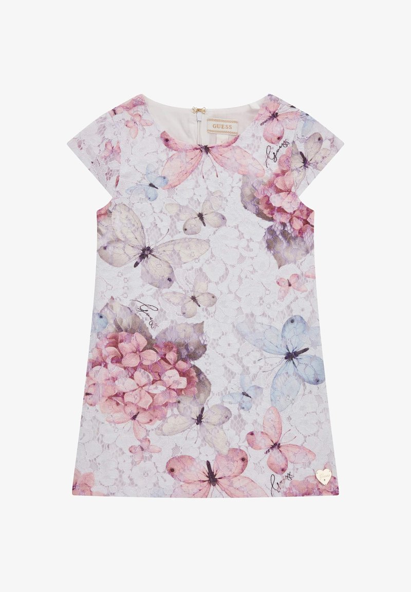 Blumenkleid mit einem Schmetterlings- und Hortensienmuster in Pastellfarben auf einem weißen Spitzenhintergrund. Mit einem Reißverschluss auf der Rückseite.