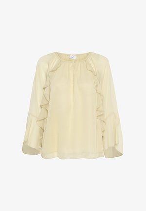 Blouse jaune pâle avec une finition volants sur le devant et les manches, col rond avec un petit bouton et manches longues amples.