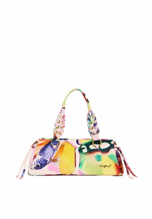 Colorful handbag with fish print, dual twisted handles with eyelets, and side tassels, rectangular shape, signed "Desigual" on front.