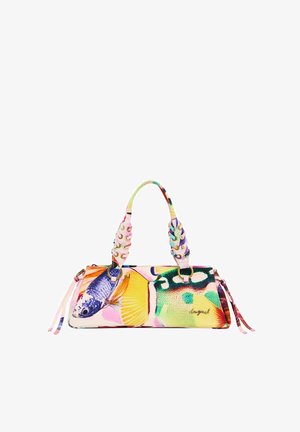Bunte Handtasche mit Fischmuster, doppelten gedrehten Griffen mit Ösen und seitlichen Quasten, rechteckige Form, vorne mit "Desigual" signiert.