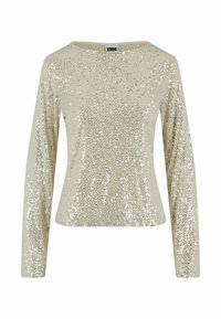 Top beige à manches longues recouvert de sequins argentés brillants, silhouette ajustée, encolure ronde, étiquette de marque Urban Classics à l'intérieur du col.
