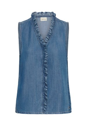 Ärmellose blaue Jeansbluse mit gerafftem V-Ausschnitt und vorderer Knopfleiste, mit dem Label "CREAM".