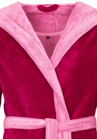 Magenta bathrobe with a pink hood and belt, featuring soft terry texture and a stitched logo inside the collar. Size "M" marked.