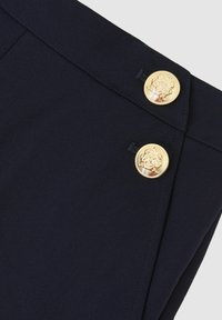 Tumesinine kangas kahe läikiva kuldse nupuga, millel on reljeefne lõviembleem volditud riideääre peal.