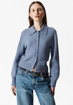 Soft blue button-up cardigan with a collared neckline, ribbed hem and cuffs, and a fuzzy texture. Paired with light blue denim jeans and a black belt.
