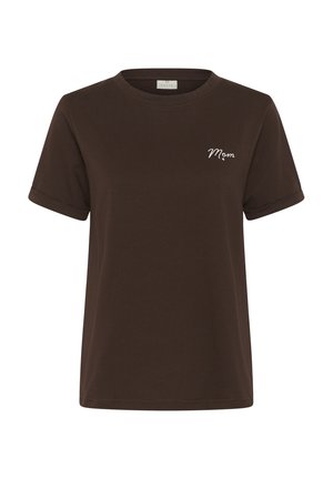 Braunes T-Shirt mit kurzen Ärmeln, aufgerollten Bündchen und weiß besticktem Wort „Mama“ auf der linken Brust.
