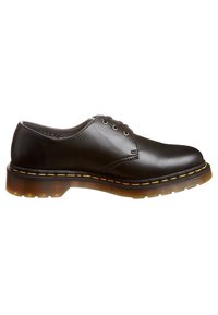 Chaussure noire en cuir à lacets avec semelle épaisse translucide et coutures jaunes, vue de côté sur fond blanc.