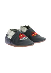 Chaussures pour bébé en cuir noir avec des poignets élastiques gris, ornées d'une broderie de camion de pompier rouge et de chapeau de pompier à l'avant, semelles souples en marron.