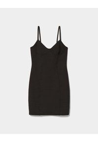 Robe noire sans manches avec un design ajusté, présentant des bretelles réglables, un décolleté plongeant et des détails de couture subtils. Fabriquée en tissu extensible.