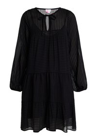 Rochie neagră dintr-un material texturat, transparent, cu dungi verticale. Prezintă mâneci lungi, decolteu cu șnur și un tiv în trepte.