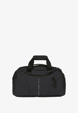 Black duffel bag made of durable material. Features dual handles, a front zip pocket, and reflective accents. Smooth texture and streamlined design.