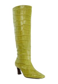 Knee-high green faux leather boot with a crocodile texture, pointed toe, and a low block heel. Smooth finish and distinct pattern detail.